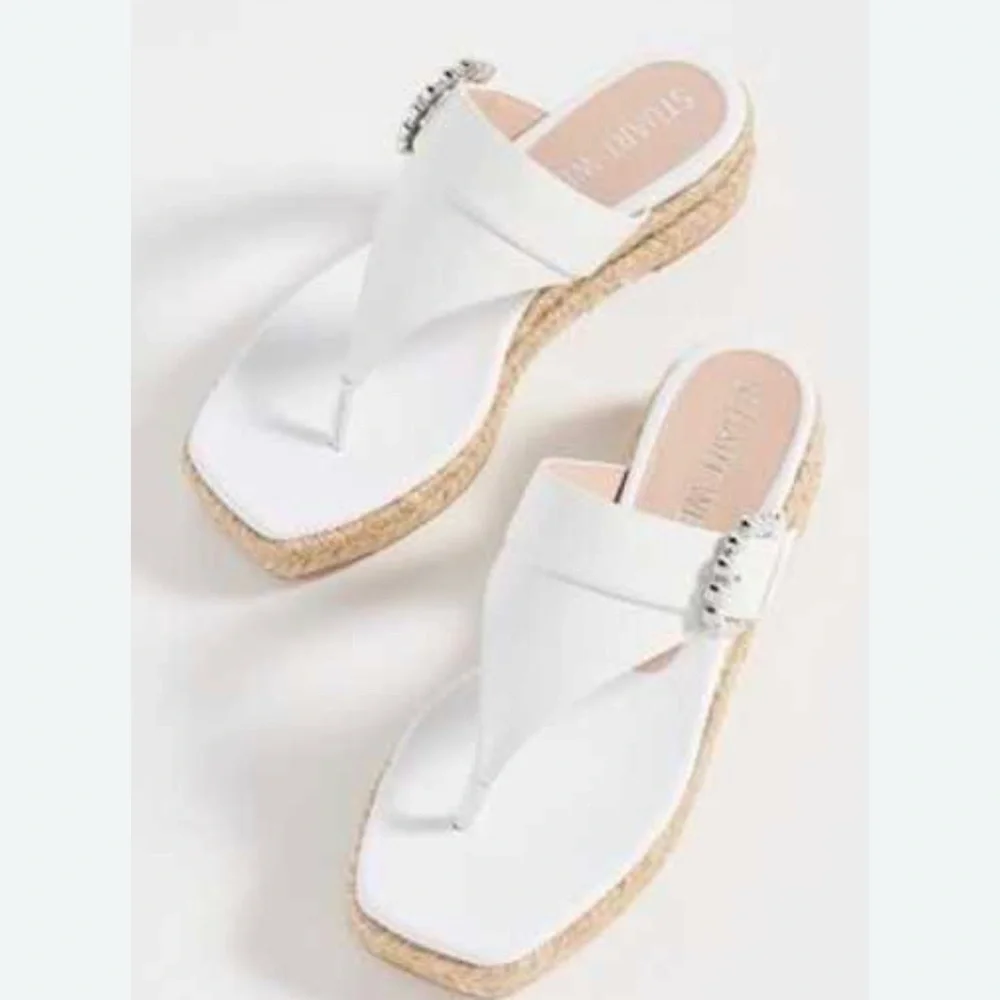 STUART WEITZMAN White Leather Pearl Buckle Thong Slip Espadrille Sandals Sz 6.5